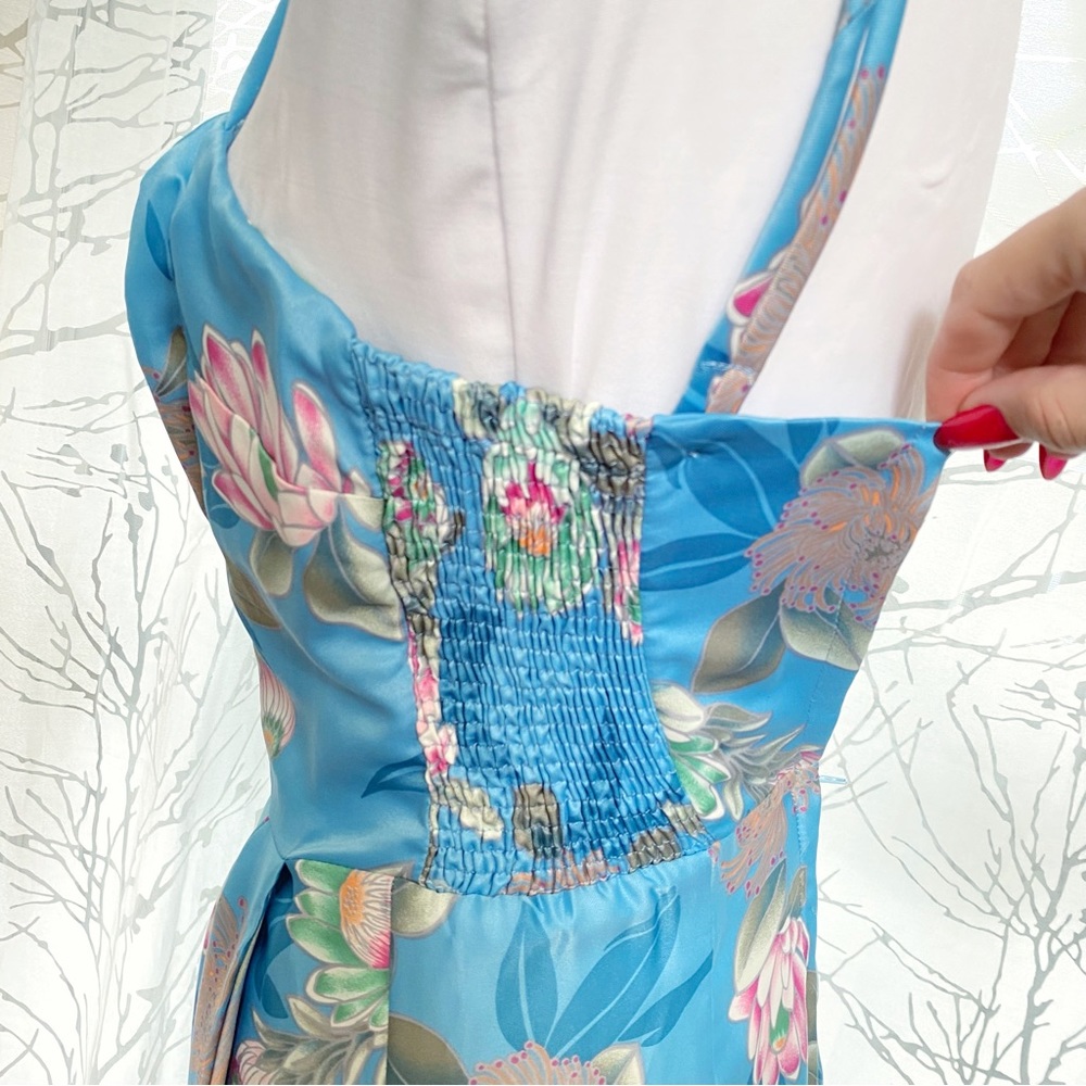VINTAGE WALTAH CLARKE’S blue pink Hawaiian floral print sleeveless satin dress - Picture 3 of 10